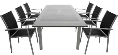 Produktbild von DEGAMO Gartengarnitur Essgruppe BAJAZZO 7-teilig, Aluminium silber/grau + Kunstgewebe schwarz, 6x Stapelsessel, 1x Ausziehtisch 175/245x100cm