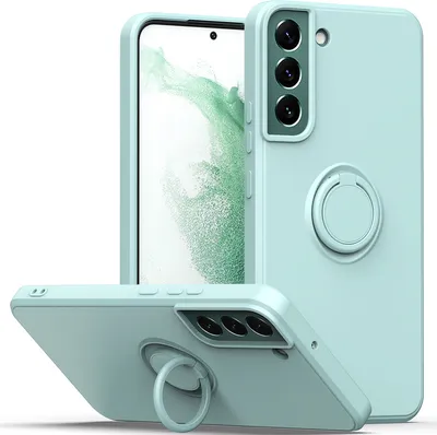 Three views of a light green phone case with a ring holder, displayed on a white background.