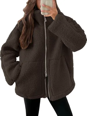 Produktbild von ASKSA Damen Teddy Fleece Jacke Warme Flanell Jacke Dicke Freizeit Winterjacke Einfarbig Fleecejacke mit Taschen Reissverschluss Wintermantel,Kaffee,M