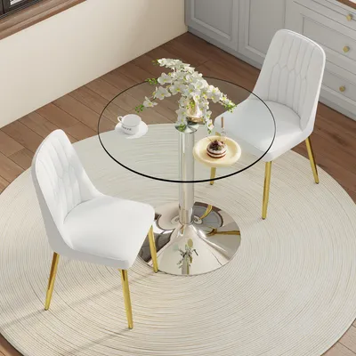 Produktbild von Esstisch-Set mit 2 PolyurethanStühlen 85 cm Durchmesser Glas-Tisch Goldbeine Weiß