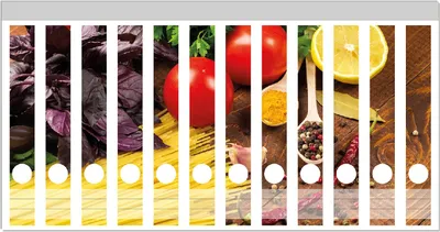 Produktbild von Wallario Ordnerrücken Sticker, selbstklebend für schmale Ordner, 12 Stück, Motiv Italienisches Menü mit Spaghetti, Tomaten, Basilikum und Gewürzen