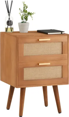 Produktbild von Nachttisch WAMAN mit 2 Schubladen, Nachtkommode aus Paulownia Holz und Jute Geflecht, Nachtschrank im Retro Design in braun, Boho