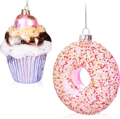 Produktbild von BRUBAKER Baumkugel Set Muffin & Donut - Handbemalte Weihnachtskugeln Süßes in Rosa Pink - Mundgeblasener Christbaumschmuck aus Glas - Sweets Baumschmuck Lustig - 2-teiliges Baumanhänger Set