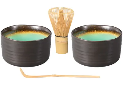 Produktbild von Matcha Set / Matchaset / 2x Matcha Schale 500ml anthrazit/türkis, mit Besen und Löffel