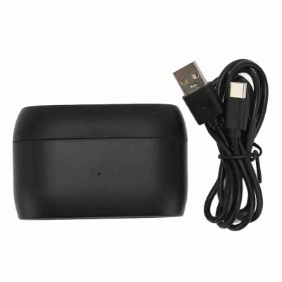 A black charging case for wireless earbuds and a black USB-C charging cable are shown on a white background.