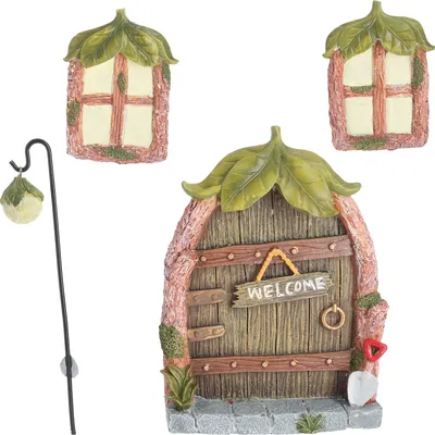 Produktbild von Feentür 'Welcome' 4teilig Polyresin bunt Türe 2 Fenster Laterne Baumdeko Gartendeko floureszierend