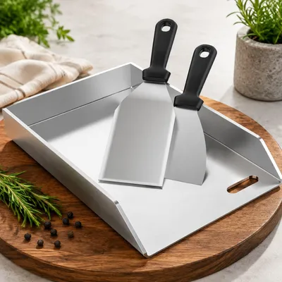 Produktbild von ACXIN Edelstahl Bratplatte & Grillplatte, Mehrzweck Backplatte Grilltablett 20×30×4cm, 4mm Dicke, mit Fettablauföffnung & 2 Stück Grill-Schaufeln