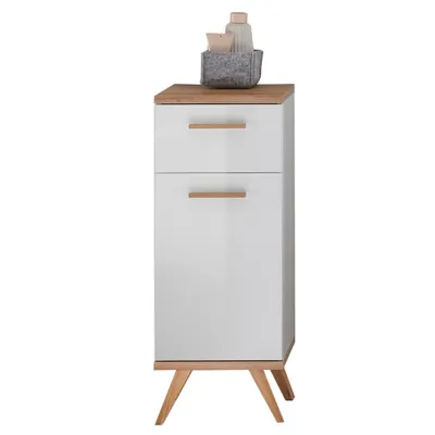 Produktbild von Badezimmer Seitenschrank MALANJE-66 in weiß glänzend & Riviera Eiche quer Nb. - B/H/T: 35,5/89,5/33cm