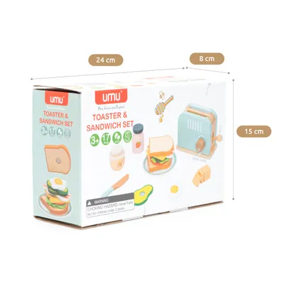 The image shows the packaging of a toy toaster and sandwich set, with product illustrations and dimensions indicated.