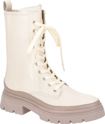 A single beige combat boot with laces and a thick sole is shown against a white background.