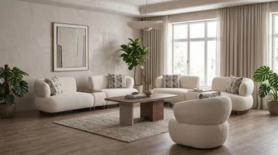 Zdjęcie produktu dla Komplet wypoczynkowy: sofa 4-osobowa, sofa 4-osobowa, fotel – kolor beżowy, tkanina bouclé. Wygodna sofa wypoczynkowa