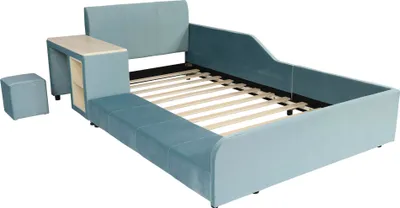 Produktbild von okwish Polsterbett 90×200 Einzelbett mit Kinderschreibtisch und Hocker,Weiches Kopfteil mit Ablageboden,Jugendbet mit Holzlatten,Blau(ohne Matratze)
