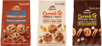 Produktbild von Testpaket Galbusera Cereali G Integrali Farciti Granola e Frolla Kekse gefüllt mit Gianduja Creme - Kekse mit Müsli und Schokoladenstücke - Kekse mit Müsli und Obst ( 1 x 250g ) ( 2 x 300g )