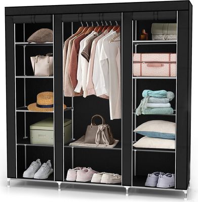 Intirilife Faltschrank 150x175x45 cm in RABEN SCHWARZ - mit Reißverschluss Stoffschrank Kleiderschrank mit Kleiderstange, Fächern und Seitentasche - Camping Steckschrank Textil Garderobe