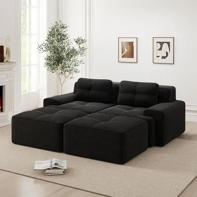 Zdjęcie produktu dla Sofa „Cloud” z tkaniny sztruksowej w kształcie litery U, modułowa sofa bezramowa, z podnóżkiem, dwuosobowa, 204 x 177 x 69 cm, czarna