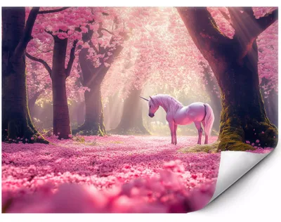 Produktbild von Fototapete Für Die Wand Einhorn im rosa Blumenwald für Wohnzimmer Schlafzimmer Büro 350x250 cm