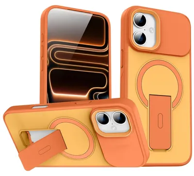 Produktbild von Magnet Ständer Hülle für iPhone 17, Kompatibel mit MagSafe, Matt Rückseite Stoßfeste Handyhülle Orange