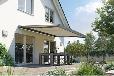 Produktbild von SOLUNA Kassettenmarkise Modern 3,5x2,5 Stoff Dessin S2838 Gestell RAL 7016 anthrazitgrau Antrieb rechts inkl. Motor und