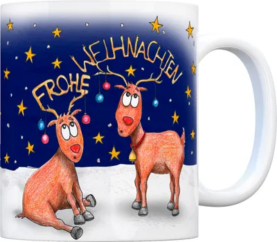 Produktbild von Kaffeebecher mit Rentier Geweih Motiv und Spruch: Frohe Weihnachten Kaffeetasse