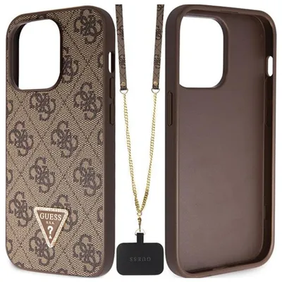 Produktbild von Guess Polyurethan4G Strass Triangle Metal Logo Case + Crossbody Strap für iPhone 15 Pro braun