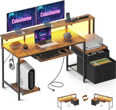 Produktbild von Coleshome Schreibtisch mit Schubladen und USB, 140x48cm, LED-Licht, Braun