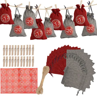 Obrázok produktu pre Yakimz adventný kalendár plniteľné vianočné tašky dekor 24 textilné tašky (2 farby)