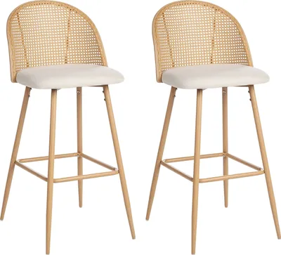 Produktbild von BELIANI Barstuhl 2er Set Creme u. Helle Holzoptik Metall mit Fußstütze Hohe Rückenlehne Wiener-Geflecht Retro Design Wohnzimmer Küche Bar Wohnküche