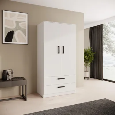 Obrázek produktu pro BEAUTYSOFA | Skříň s otočnými dveřmi TREND 90 cm bílá, moderní skříň se zásuvkami, tyčí na ramínka a policemi – systém Soft-Close