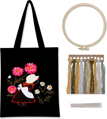 Produktbild von Stickset, enthält schwarze Canvas-Tasche, drei einzigartige Muster, Blumenmädchen