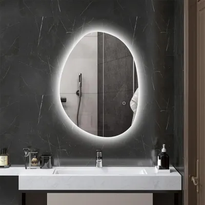 Produktbild von Badspiegel mit LED-Licht Smart Touch Schalter und Anti-Beschlag-Funktion Asymmetrischer Badezimmerspiegel Wandspiegel 70x50 cm Silber