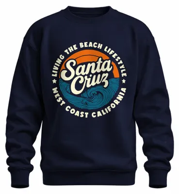 Productafbeelding van Santa Cruz, Californië, Westkust, Surfen, Golven, Retro, Strandleven, Uni, Sweater, Marineblauw, XXL