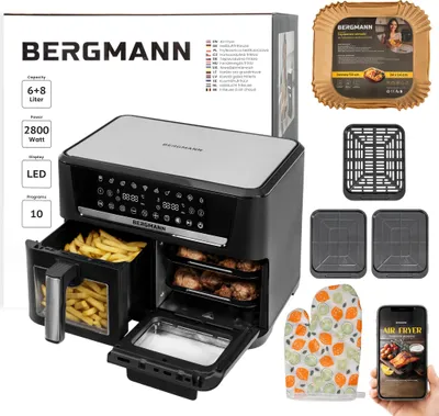 Zdjęcie produktu dla Frytkownica na gorące powietrze beztłuszczowa airfryer frytownica BERGMANN YO 2 komory poziome 6l+8l 2800W w zestawie rękawica kuchenna