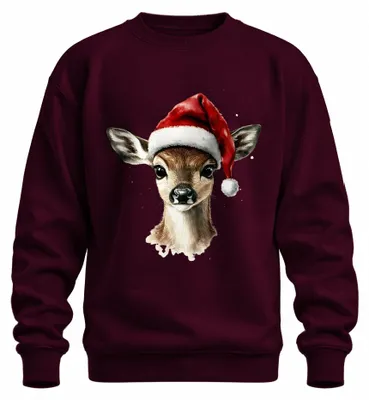 Productafbeelding van Kersttrui met aquarelprint van een hertje, geschikt als cadeau, winterthema, feestelijk, uni, kleur: bordeauxrood, maat: XXL