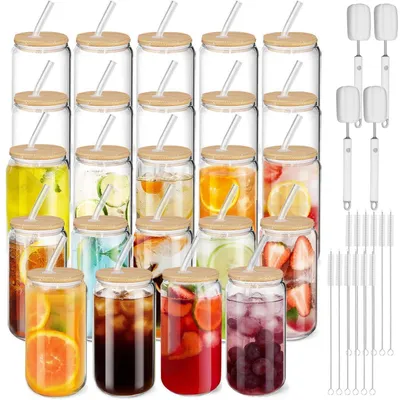 Produktbild von Trinkgläser im 24er Set, Bierdosenform, mit Bambusdeckeln und Strohhalmen, 470 ml