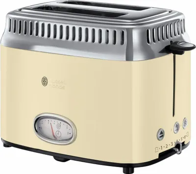 A cream-colored Russell Hobbs retro toaster is shown against a white background.