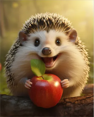 Produktbild von Wallario Poster - Lächelnder Igel mit Apfel, Kunstdruck Größe: 40 x 50 cm