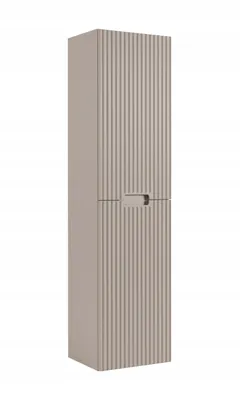 A tall, narrow beige cabinet with a ribbed texture and a horizontal handle in the middle.