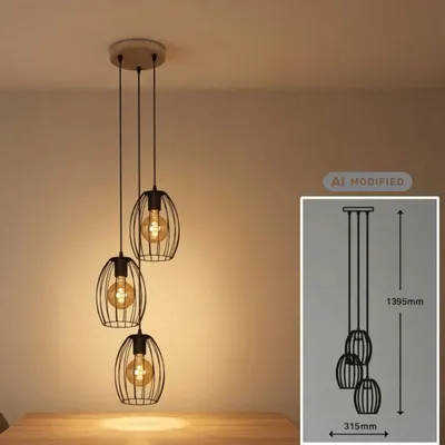 Produktbild von 3-flammige Pendelleuchte Waktu, Schwarz / Holz, 3 x E27 max. 60W, Ø 31,5 cm – Briloner