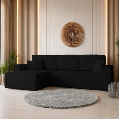 Produktbild von GOLDSTOFF Ecksofa mit Schlaffunktion und Bettkasten | Ecksofa L-Form für Wohnzimmer | Cord Sofa mit Liegefläche 230x147cm | Schlafsofa (Schwarz)