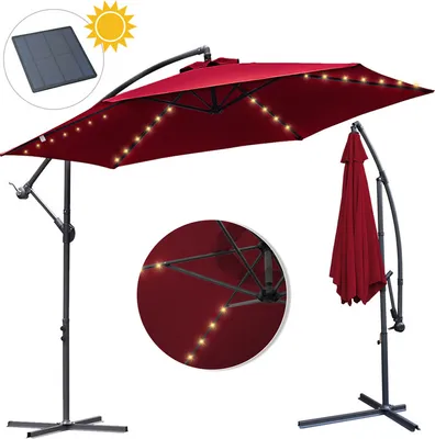 Image de Fiqops Parasol Rouge LED Solar Ø350cm Parasol de jardin Parasol de marché Manivelle Balcon Alu Inclinable