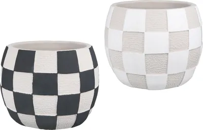 Obrázek produktu pro Gilde cachepot, baňatý, "Chess", kostkovaný, cement, béžová, šedá, bílá,Polyuretan6, 2 kusy jako na obrázku,, v. 13 cm, hl. 16 cm 31922
