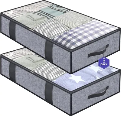 Produktbild von OKWISH 2 Stück Unterbettkommode, Unterbett Aufbewahrungsbox mit deckel, Faltbare Kleidung Aufbewahrung Aufbewahrungstasche für Bettdecken Grau