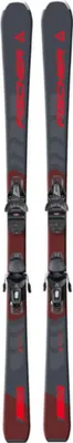 A pair of skis with bindings, presented against a white background.