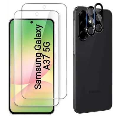 Produktbild von CLM-Tech 4er Set Schutzfolie kompatibel mit Samsung Galaxy A37 5G - 2X Panzerfolie + 2X Kameraschutz Kameraglas Panzerglas Displayschutz 9H Glas - Folie kristallklar