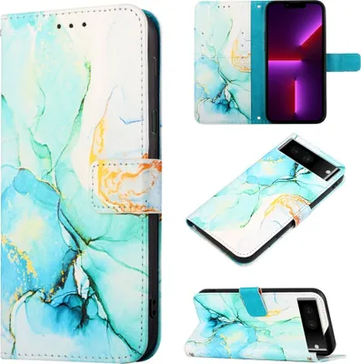 Image de Google Pixel 7 Housse, Motif de marbre Cuir synthétique poche portefeuille cartes avec fonction stand pliage Housse de protection pour Google Pixel 7 vert
