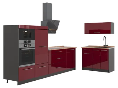 Produktbild von Küchenzeile Vicco Fame-Line Bordeaux Hochglanz/Anthrazit 380 cm, AP Eiche, Model 64073