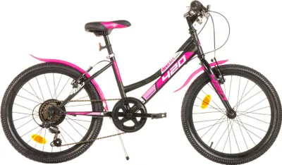 A studio shot of a pink and black junior sport bicycle against a white background.