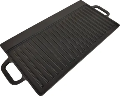 A black cast iron grill plate with raised ridges and handles on a white background.