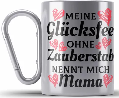 Produktbild von Trendation - Mama Edelstahl Tasse Karabiner mit Spruch Geschenk Muttertag von Tochter Sohn Mutter Karabiner Edelstahl Tasse Karabiner Edelstahl Spruch (Silber)