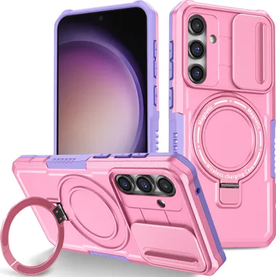 Produktbild von Handyhülle für Samsung Galaxy S23 FE Kompatibel mit MagSafe, Robuste Hülle mit Schiebe Kamera Schutz, Magnetischer Ringständer Pink